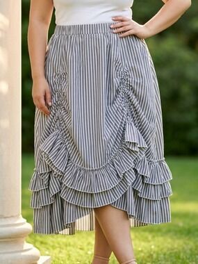 Striped Ruffle Midi Skirt - Gray/White